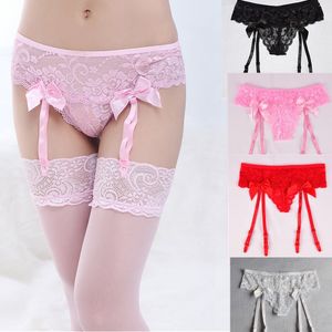 Kvinnor Icke-borttagbar Classic Lace och Mesh Garter Belt med satinbåg Sexiga Underkläder Sheer Tillbehör Röd vit Svart Rosa GRATIS STORLEK