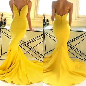 African Arabic Mermaid Prom Dresses Satin Sexy V Neck Spaghetti Strap Backless Sleeveless Evening Formal Party Pageant Gowns BM0937