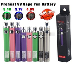 100% Authentic Evod Micro USB eGo VV Pass Through 510 Battery Adjust Voltage Vaporizer Pen Preheating 650 900 mAh UGO V3 Batteries