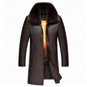 Mens Winter Leather Jacket Fox Fur Collar Long Rabbit Fur Coats Hoodies Outdoor Windbreaker Jackets Thick Warm Outerwear Snow Tops L-4XL
