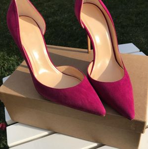 デザイナー送料無料ファッション女性の靴Fuchsia Suede Point Toe Stiletto Heelハイヒールのシューズパンプス花嫁の結婚式の靴の真新しい