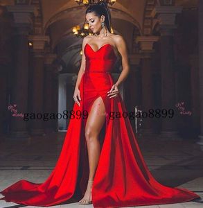 Wholesale train stain for sale - Group buy 2019 New Sexy Red stain Evening Dresses backless High Split Formal Prom Gowns with detachable train beaded sash Formal Dresses Evening Wear