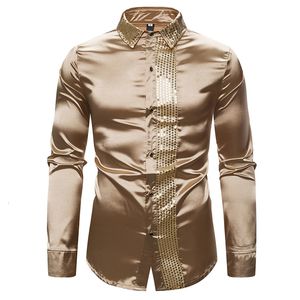 2020 Новые мужские шелковые атласные рубашки Shiny Slim Slim Fit Packwin Patchwork Pating Club Свадебная рубашка для вечеринки S-2XL