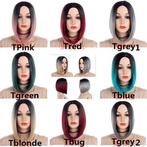 8 Colors Black To Pink Ombre Hair Straight Bob Wigs Synthetic Hair Short Party Hairs Cosplay Wig for Women