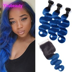 Peruvian Human Hair 1B Blue Body Wave 3 Bundles With 4X4 Lace Closure Free Middle Three Part 1b Blue 10-28inch