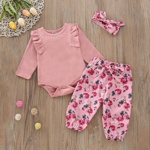 Baby Girls Clothes Set 3PCs Solid Jumpsuit Romper+Floral Print Pants+Headband Outfits roupas infantis menina costume for
