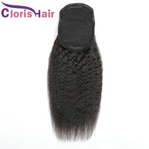 Grov Yaki 100% Human Hair Ponytail Extensions Klipp i Malaysisk Virgin Kinky Straight Bun Drawstring Ponytail för Kvinnor Naturfärg