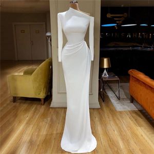 White Satin Mermaid Prom Dresses Long Sleeve Party Second Evening Gowns One Shoulder Sweep Train Formal Dress