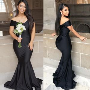 Siyah Denizkızı Nedime Elbiseleri Seksi Omuz Kapalı V Boyun Pileler Uzun Düğün Konuk Partisi önlükleri balo elbisesi