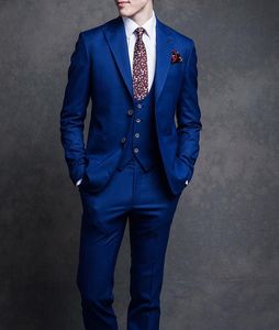 Royal Blue Groom Tuxedos Peak Lapel Groomsman Wedding 3 Piece Suit Moda Mężczyźni Business Party Jacket Blazer (Kurtka + spodnie + krawat + kamizelka) 2267