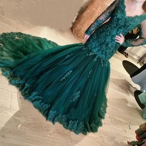 2020 Dark Green Lace Mermaid Long Sleeve Prom Dresses Aftonklänningar V-ringning Applique Special Endan Dress Plus Size Women Formal Dress