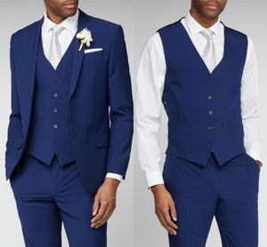 Blue Groom Tuxedos Peak Lapel Groomsman Bröllop 3 Piece Suit Fashion Men Business Prom Party Jacket Blazer (Jacket + Pants + Vest)