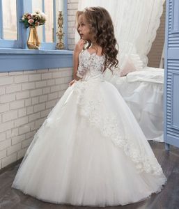 Lovely Princess Champagne Flower Girl Dresses Jewel Neck Lace Appliqued Bow Urodziny Party Suknie Dzieci Formalna Pierwsza Komunia Sukienka