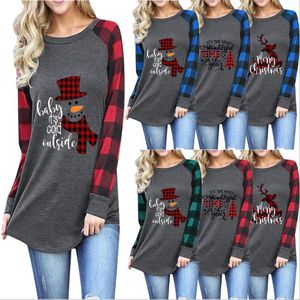 Plaid Christmas T-shirt Lady Plus Storlek Xmas Tops Elk Långärmad Trädgård Skriv ut Patchwork Tees Cotton Casual Blouse O Neck Blusas C6823