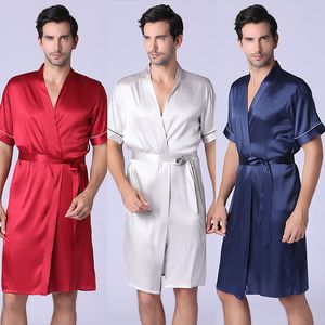 Men's Sleepwear Mens Solid Colour Bathrobe Short Sleeve Kimono Robes V-neck Faux Silk Male Nightwear Satin Bath Robe