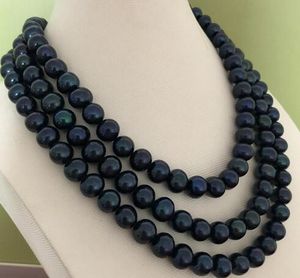 Spedizione gratuita singola fili 9-10mm nero collana di perle blu 46 pollici 14k