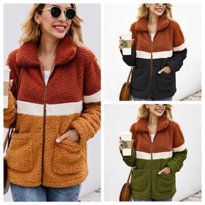 Women Patchwork Coat Long Sleeve Zipper Sherpa Sweatshirt Soft Fleece Jacket Outwear with Pockets Tops plush sweatshirt LJJA2861