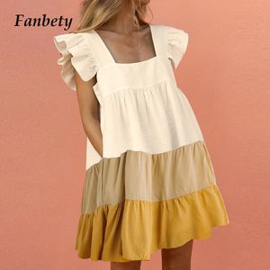 Dam Elegant Butterfly Sleeve Volanger Print Dress 2020 Summer Casual lös ficka A-Line partyklänningar strand miniklänning Vestido T200603