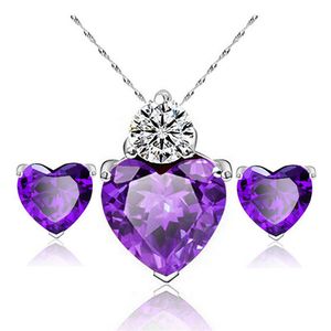 925 silver plated necklace charm zircon heart-shaped love lady pendant jewelry silver earrings necklace jewelry set WCW099