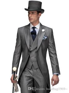 One Button Morning Style Suit Shiny Gray Groom Tailcoat Peak Lapel Mens Wedding Party Suits 3 Pieces Blazer (Jacket+Pants+Vest+Tie) K35