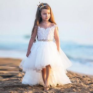 Cheap Short Flower Girl For Weddings Lace Appliques Tulle Pearls Beaded High Low Child Birthday Communion Girls Pageant Dresses