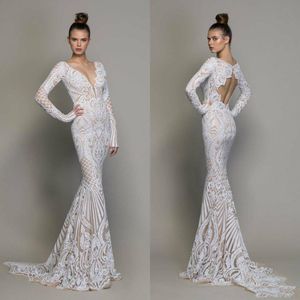 Gorgeous Mermaid Lace Wedding Dresses Sexy Sheer V Neck Lace Appliqued Long Sleeve Bridal Gowns Sweep Train Trumpet Wedding Dress