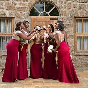Cheap Red Bridesmaid Dresses Shiny Top Sequins Scoop Neck vestidos Cap Sleeves Mermaid Prom Party Gowns For Wedding