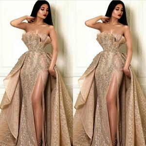 Mermaid Sexy Split Prom Dresses with Detachable Train Strapless Evening Gowns Beaded Lace Party Dress Vestido De Fiesta
