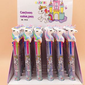 Cartoon Unicorn Pen Retractable Kawaii Rainbow Gel Shuttle BallPoint Pennor Flytande Bläckpennor Tillbehör Kontor Gåvor Barnpapper 6-Color-In-1