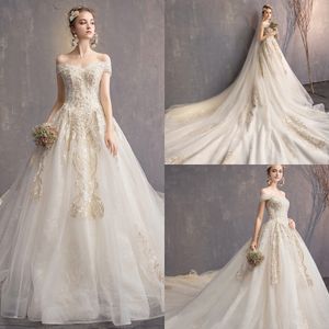Modest YL Elegant Ball Gown Off Shoulder Short Sleeve Wedding Dresses Lace Applique Beaded Crystal Wedding Gowns Sweep Train Bridal Gowns