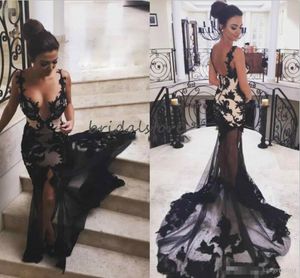 Sexy Lace Mermaid Evening Dresses Deep V Neck Backless Prom Dresses With Slits Spaghetti Straps Illusion Sweep Train Special Occasion Dress