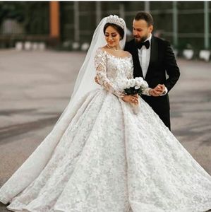 Vintage Koronki Suknie Balowe Suknie Ślubne Sheer Off Ramię Z Długim Rękawem Suknie Ślubne Buffy Spódnica Plaża Wedding Vestidos de Novia