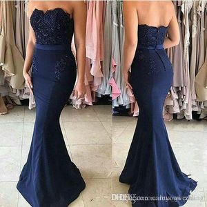 Navy Blue Simple Mermaid Bridesmaid Dresses Lace Appliques Beads Pearls Floor Length Red Carpet Runway Dresses Evening Party Wear