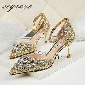 2020 New Summer Women Sandals High Thin Heel 뾰족한 발가락 버클 블링 크리스탈 파티 신부 웨딩 여성 신발 금 하이힐