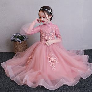 2019 Ball Gown Flower Girls Dresses Maniche lunghe Sweep Sweep Treno Pizzo Fiore Applique Compleanno Party Girls Pageant Abiti da sposa personalizzati