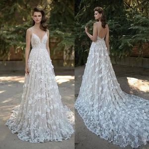 Berta Amazing Wedding Dresses Spaghetti mangas Backless vestidos de noiva Lace 3D Appliqued Trem da varredura frisada A linha de Vestido de Noiva 46