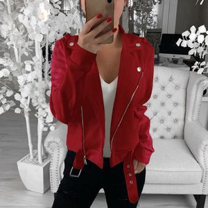 Faux Leder Jacke Motorrad Mantel Frauen Zipper Outwear Mit Gürtel drehen-unten Jacken Chaqueta Mujer Jaqueta Feminina 2019 Herbst