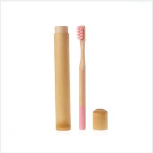 Bamboo toothbrush reuable round handle travel case natural holder tube multi colors hotel eco friendly hard and soft bristle disposable