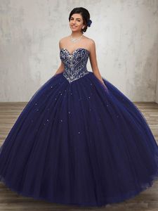 Nowa nadchodząca suknia balowa Sweetheart srebrne cyrkonie granatowe sukienki Quinceanera suknia debiutantka księżniczka długie sukienki na przyjęcie