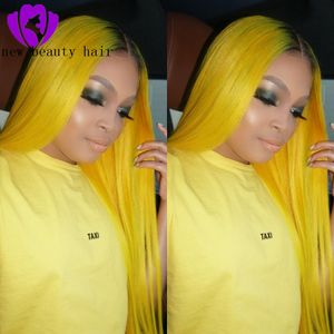 Straight Pre Plocked Brazilian Hair Full Wigs With Baby Hair 13x4 Ombre Yellow Lace Front Wig Syntetisk för svarta / vita kvinnor