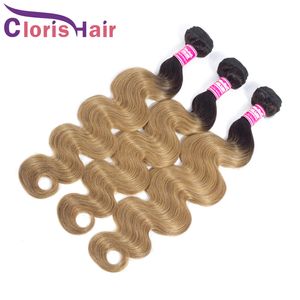 Colored Honey Blonde Human Hair Extensions Raw Virgin Indian Body Wave Bundles 3pcs Cheap 1B 27 Two Tone Blonde Wavy Ombre Weaves Deals