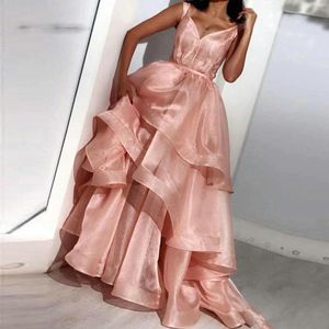 Sexig v nacke organza lager prom klänning lång blush rosa kväll klänning enkel design ruffle golv längd fest klänning plus storlek