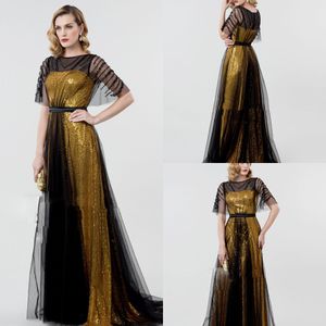 2020 Modest Elegant Jewel Half Sleeve A Line Evening Dresses Sequins Sash Formella Klänningar Sweep Train Party Gowns