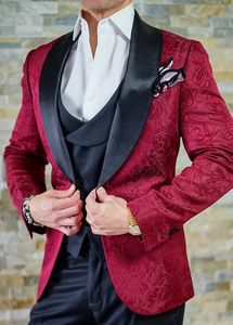 Yakışıklı Kabartma Groomsmen Şal Yaka Damat Smokin Erkek Takım Elbise Düğün / Balo / Akşam Yemeği Best Man Blazer (Ceket + Pantolon + Kravat + Yelek) 161