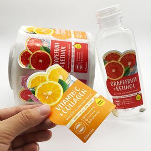 Maßgeschneiderte wasserdichte Vinyl-Aufkleberetiketten aus Orangensaft-Kunststoff. Kundenspezifisches, farbenfrohes, stark klebendes Verpackungsetikett mit höchster Qualität