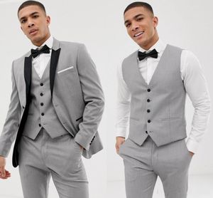 Ljusgrå brudgum tuxedos svart lapel groomsman bröllop 3 stycke kostym mode män affärer prom party jacka blazerjacket byxor tie264d