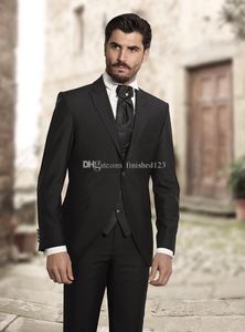 High Quality One Button Black Groom Tuxedos Peak Lapel Men Suits 3 pieces Wedding/Prom/Dinner Blazer (Jacket+Pants+Vest+Tie) W506