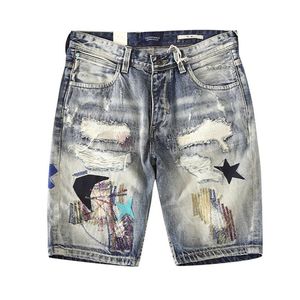 Hi Street Herren-Jeansshorts mit Rissen, Distressed-Pentagramm-Stickerei, Jeans-Shorts, Sommer-Knielange Shorts für Männer mit Größe 28–38