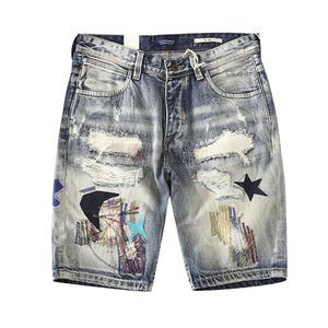 Oi Street Men 's Rasgado Denim Shorts Afligido Pentagram Bordado Calça Calça Calça de Calça de Verão Calções de Comprimento do Joelho de Verão para Masculino 28-38