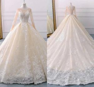 Nigerian Lace Ball Gown Wedding Dresses Lace With Illusion Long Sleeve Sheer Neckline Hollow Back Chapel Train Bridal Gowns Wedding Dress